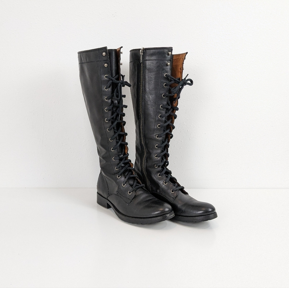 Frye Melissa Tall Black Italian Leather Lace Up Knee High Equestrian Street Boot